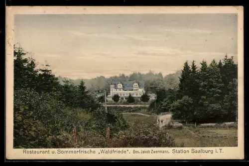 AK Saalburg i. T., Restaurant und Waldfriede, Inh. Jakob Zwermann, Station Saalburg