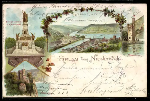 Lithographie Bingen am Rhein, Nationaldenkmal, Mäuseturm, Burg