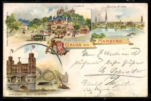 Lithographie Hamburg-Rothenburgsort, Neues Fahrhaus, Neue Elbbrücke, Binnen-Alster