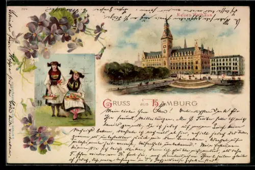 Lithographie Hamburg, Neues Rathaus, Trachtenmädchen, Blumenornament
