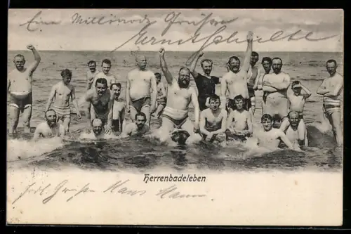 AK Herrenbadeleben, Gruppenbild badender Männer im Meer