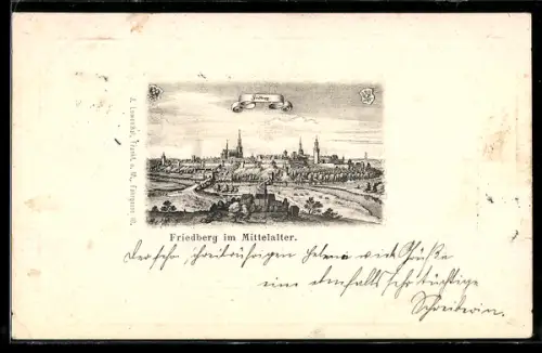 Lithographie Friedberg, Stadtansicht im Mittelalter