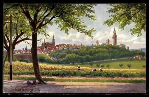 AK Friedberg i. H., Ortsansicht mit Burg, Stadtkirche und Adolfsturm