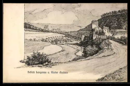 Künstler-AK Obernhof, Schloss Langenau, Kloster Arnstein
