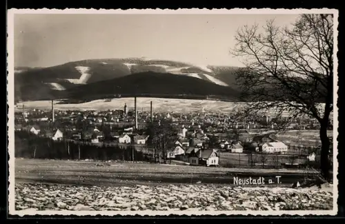 AK Neustadt a. T., Panorama mit Fabrikschornsteinen und Ortsansicht