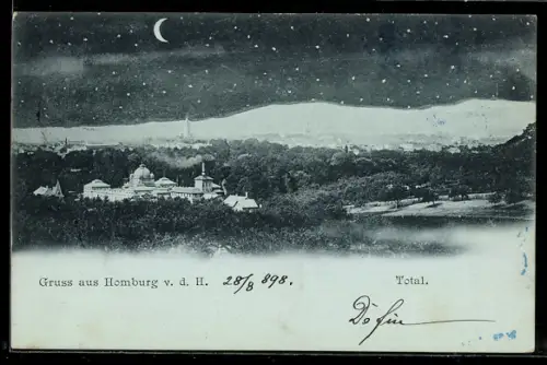 Mondschein-AK Homburg v. d. H., Totalansicht bei Nacht