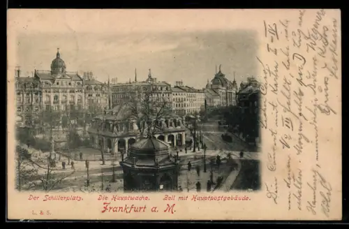 AK Frankfurt a. M., Schillerplatz, Hauptwache, Zeil mit Hauptpostgebäude