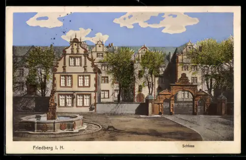 AK Friedberg i. H., Schloss, Brunnen, Toranlage