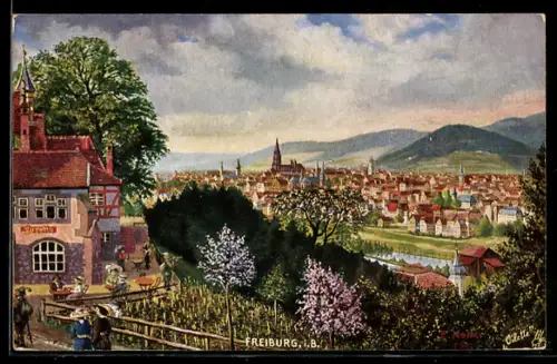 Künstler-AK Freiburg i. B., Ortspanorama, Münster, Restaurant