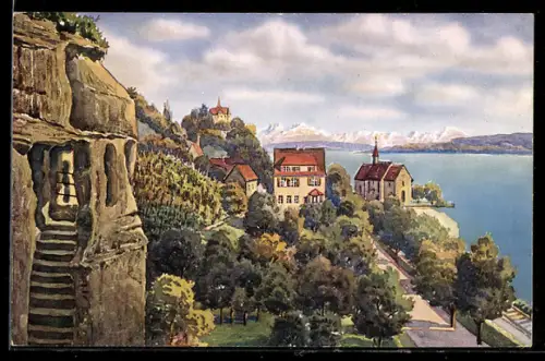 AK Überlingen, Heidenhöhlen, Kirchlein von Goldbach, Bodensee