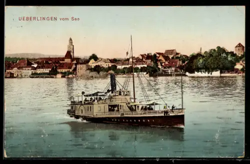 AK Ueberlingen, Ansicht vom See mit Dampfschiff