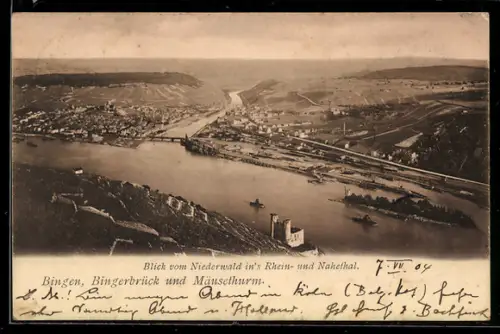 AK Bingen, Teilansicht mit Bingerbrück und Mäuseturm, Blick vom Niederwald ins Rhein- und Nahethal