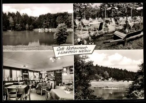 AK Usingen /Taunus, Café Restaurant Hattstein-Weiher, Inh. Willi Geis, Innenansicht, Terrasse, Weiher