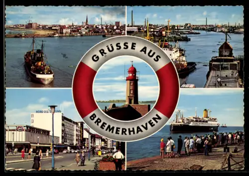 AK Bremerhaven, Hafen, Partie an der Mole, Bürgermeister-Smidt-Strasse mit Gebäude der Nordsee-Zeitung