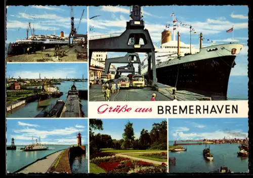 AK Bremerhaven, Hafen, Passagierschiff an der Columbuskaje, Weserfähre passiert die Mole, Stadtpark