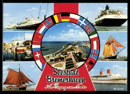 AK Bremerhaven, Fährhafen, Container-Frachter, Yachthafen, Yacht Grönland und Passagierschiff MS Europa, Ortsansicht