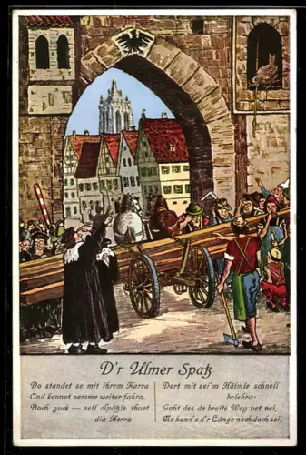 AK Ulm, D`r Ulmer Spatz, Stadttor, Münster im Hintergrund