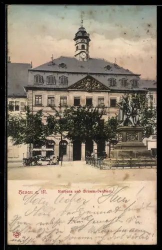 AK Hanau a. M., Rathaus, Grimm-Denkmal