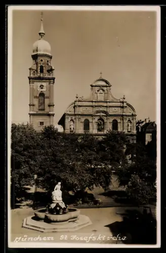 AK München, St. Josefskirche, Brunnen im Vordergrund