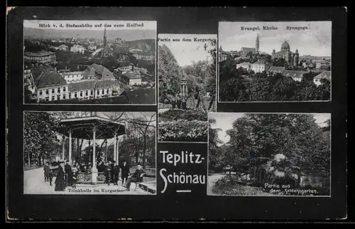 AK Teplitz-Schönau, Synagoge, Evangelische Kirche, Blick auf das neue Heilbad