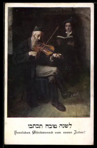 AK Jüdischer Violinenspieler auf einem Stuhl, Neujahrsgruss