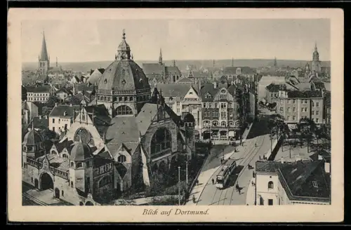 AK Dortmund, Teilansicht aus der Vogelschau mit Synagoge und Strassenbahn