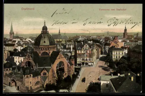 AK Dortmund, Panorama vom Grafenhof mit Synagoga