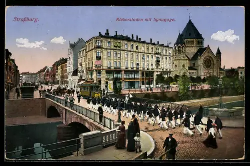 AK Strassburg, Kleberstaden mit Synagoge, Strassenbahn