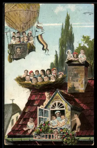 AK Kinder in einem Fesselballon über einem Gebäude