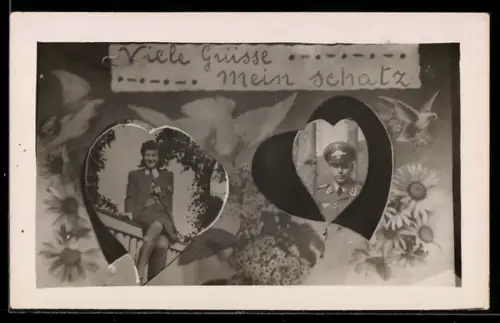 AK Portrait einer lächelnden Frau und eines Soldaten in Uniform mit Herzrahmen