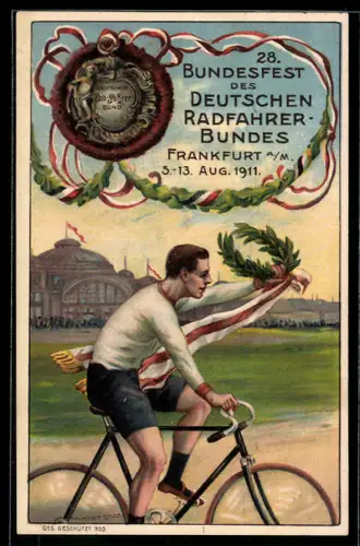 AK Frankfurt a. M., 28. Bundesfest des Deutschen Radfahrerbundes 1911, Radfahrer mit Lorbeerkranz