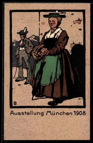 Künstler-AK Ludwig Hohlwein: München, Ausstellung 1908, Paar in Tracht