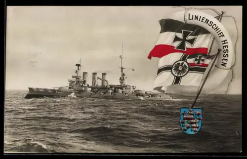 AK Linienschiff Hessen, Reichskriegsflagge mit Rettungsring, Wappen, Kriegsschiff