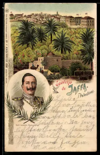 Lithographie Jaffa, Blick zum Ort, Porträt Kaiser Wilhelm II. in Uniform