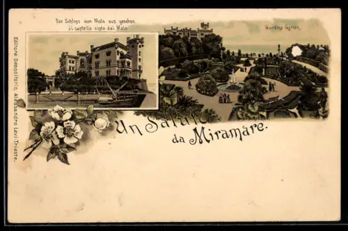 Lithographie Miramare, Schloss vom Molo aus gesehen, Blick in den Garten