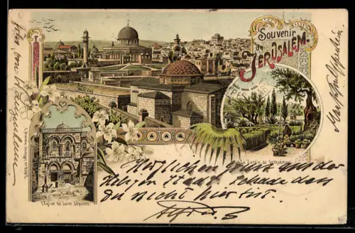 Lithographie Jerusalem, Le Jardin de Gethsemani, l`Eglise du Saint Sepulcre