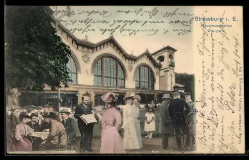 AK Strassburg i. E., Hauptrestaurant Orangerie, AUssenansicht mit Passanten und Gästen