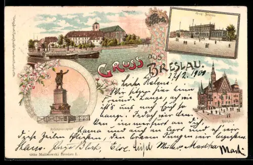 Lithographie Breslau, Sandkirche, Königliches Schloss, Blücherdenkmal und Rathaus