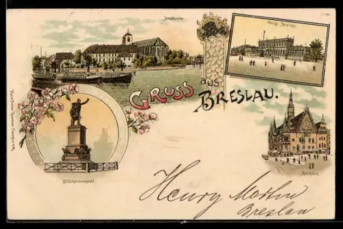 Lithographie Breslau, Sandkirche, Königliches Schloss, Rathaus und Blücherdenkmal