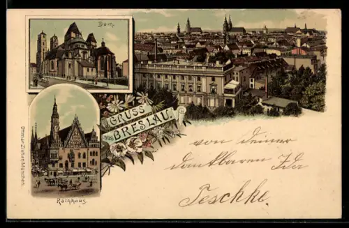 Lithographie Breslau, Rathaus, Totalansicht vom Dom, Teilansicht der Stadt