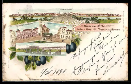 Lithographie Brcka, Gemeindepalais, Bezirksgericht, Eisenbahnbrücke