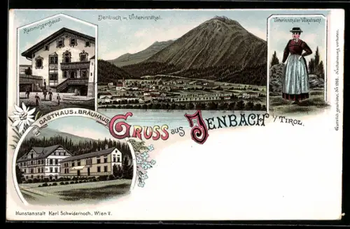 Lithographie Jenbach, Rammingerhaus, Gasthaus Zum Bräuhaus, Panorama