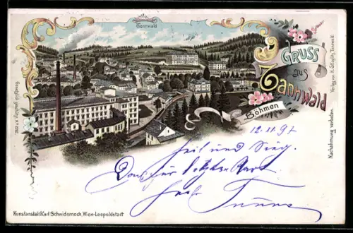 Lithographie Tannwald, Teilansicht aus der Vogelschau mit Fabriken