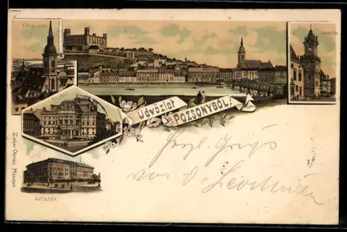 Lithographie Pozsony, diverse Motive aus dem Ort