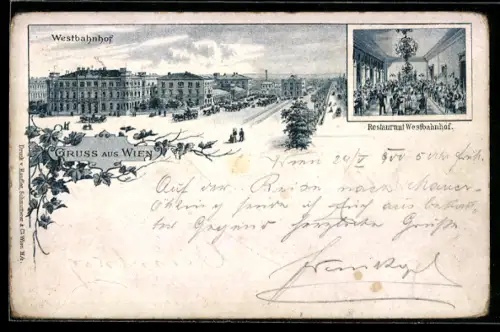Lithographie Wien, Westbahnhof in der Aussenansicht und Restaurant Westbahnhof, Speisesaal