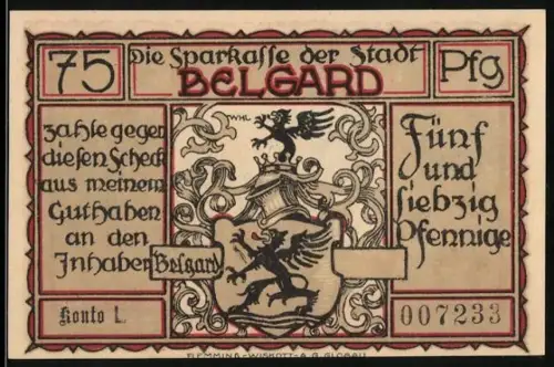 Notgeld Belgard, 75 Pfennig, Wappen und Totenkopfreiter vor dem Leib-Husaren in Danzig