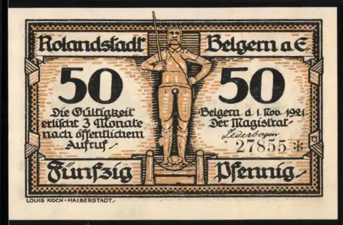 Notgeld Belgern a.E. 1921, 50 Pfennig, Rolandstatue und Friedrich der Grosse auf dem Marktplatz