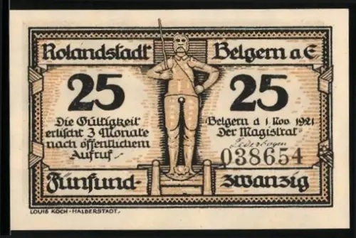 Notgeld Belgern a.E. 1921, 25 Pf, Rolandstatue und Gebäude mit Wappen