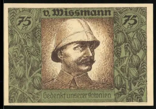 Notgeld Hamburg 1921, 75 Pf, v. Wissmann Porträt und Karte Afrikas mit Kolonien