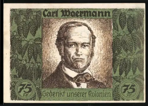 Notgeld Hamburg 1921, 75 Pfennig, Porträt Carl Woermann und Karte Afrikas mit Kolonien